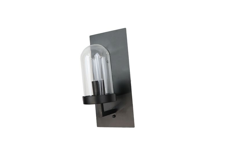 Luminaria de pared 1L E27 60W base negra y vidrio transparente Equinox, vista lateral en ángulo