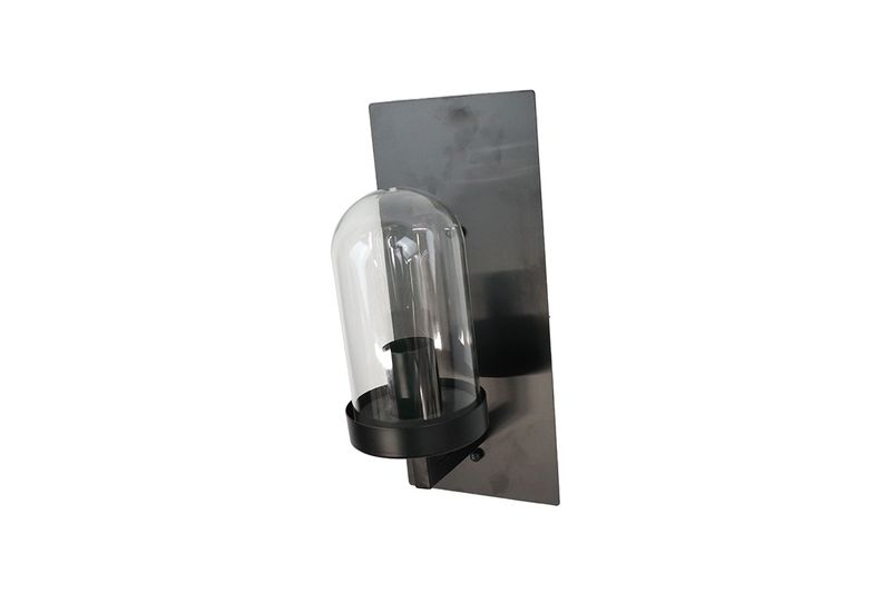 Luminaria de pared 1L E27 60W base negra y vidrio transparente Equinox, vista lateral del soporte rectangular y el globo
