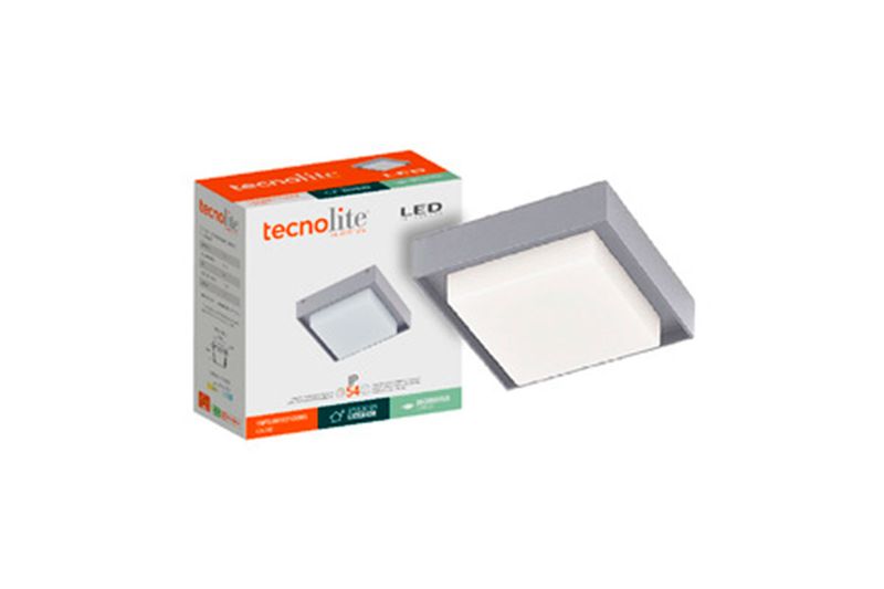 Luminaria plafón para exterior LED Okab I gris 15 W 920 lm 6500 K IP54 127 V Tecnolite, junto a su caja de empaque