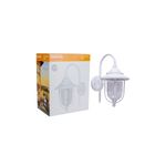 Luminaria pared exterior Bixa blanco zona costera 1L E27 IP44 Tecnolite, junto a su caja con ilustración del producto