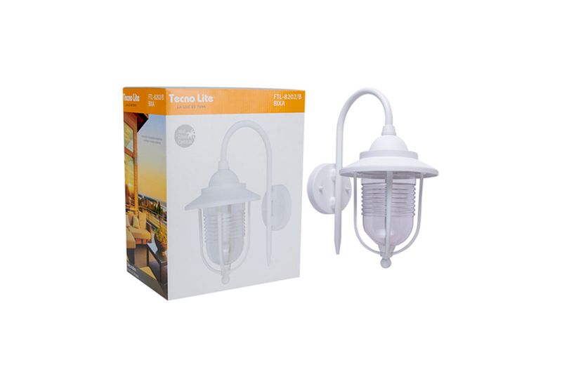 Luminaria pared exterior Bixa blanco zona costera 1L E27 IP44 Tecnolite, junto a su caja con ilustración del producto