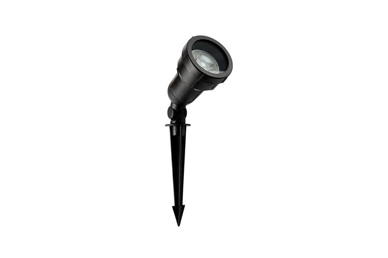 Luminaria estaca Bilar zona costera E27 Tecnolite, vista lateral de la lámpara negra con estaca para jardín