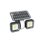 Luminaria de pared LED solar doble spot 2 W 1000 lm IP65 IK10 Sylvania, vista frontal con panel solar y focos negros