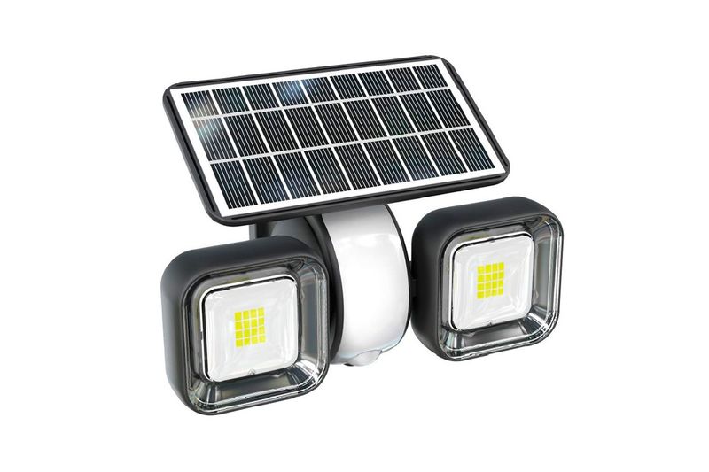 Luminaria de pared LED solar doble spot 2 W 1000 lm IP65 IK10 Sylvania, vista frontal con panel solar y focos negros
