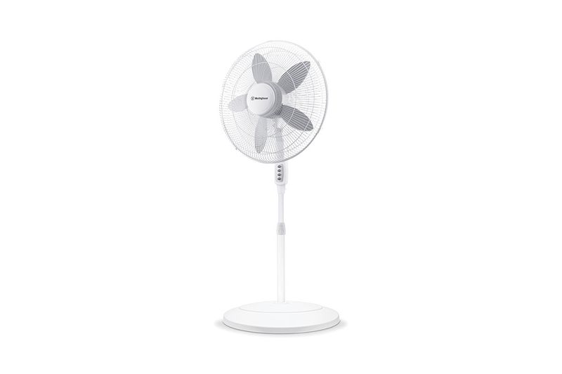 Abanico de pedestal 18 pulgadas 5 aspas 3 velocidades blanco Westinghouse, vista frontal completa sobre fondo blanco