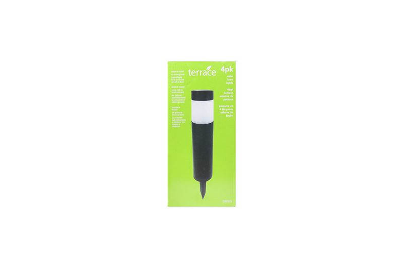 Set 4 piezas estaca solar LED negro Terrace, empaque frontal con ilustración de la lámpara y fondo verde