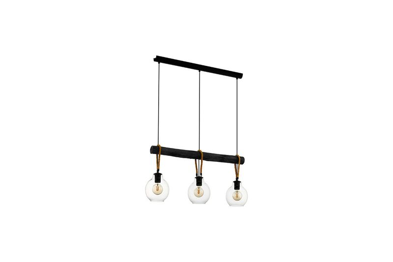 Luminaria colgante Roding 3L E27 Eglo, tres bombillas esféricas transparentes con cables negros y detalles en madera