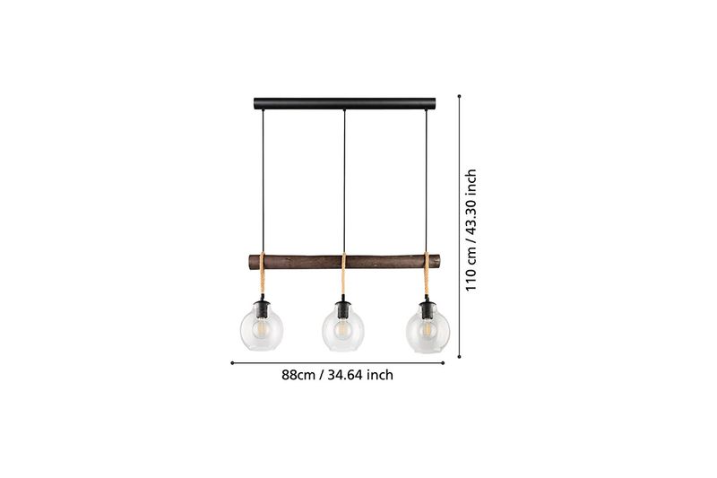 Luminaria colgante Roding 3L E27 Eglo, gráfico con medidas de 110 cm de alto y 88 cm de ancho