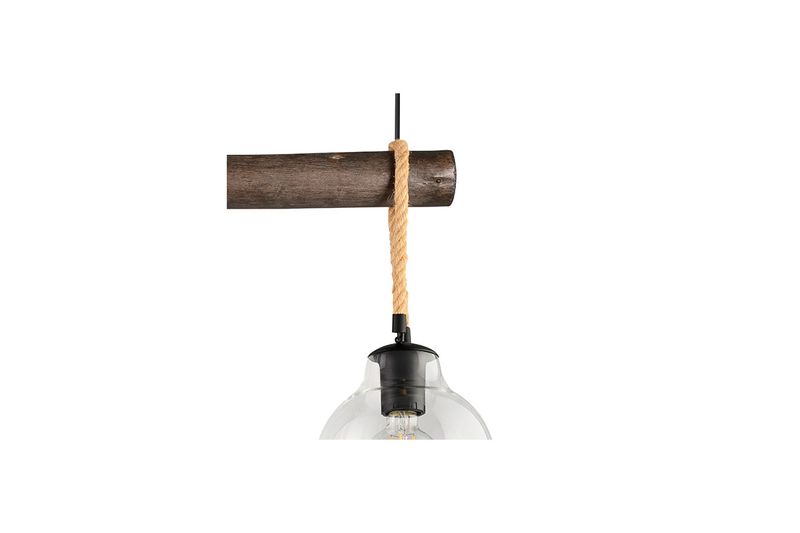 Luminaria colgante Roding 3L E27 Eglo, detalle cercano del soporte de madera y el cable de cuerda trenzada