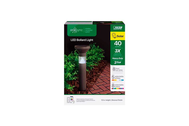 Bolardo LED solar 40 W controlable CCT RGB bronce OneSync Feit Electric, empaque frontal con especificaciones técnicas