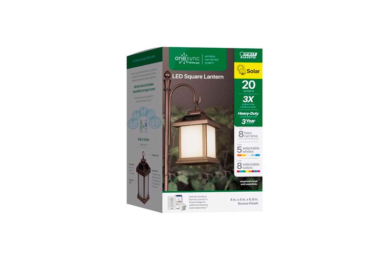 Miniposte LED farol SQ solar controlable CCT RGB bronce OneSync Feit Electric, empaque frontal con especificaciones técnicas