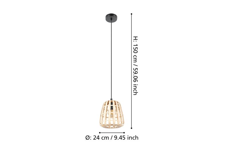 Luminaria colgante Montezuelo 24 cm 1L E27 Eglo, gráfico con dimensiones de altura y diámetro del producto