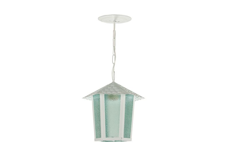 Luminaria colgante exterior colonial sextavado 1L E27 blanco Blumenau, vista frontal con vidrio esmerilado y cadena