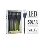 Set 3 piezas estaca solar LED ProGarden, tres estacas en su empaque blanco y una unidad fuera con texto descriptivo