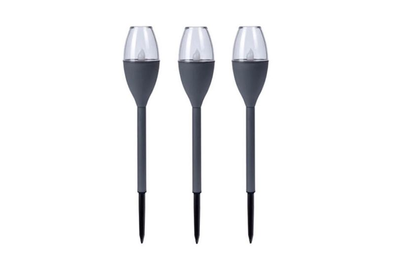 Set 3 piezas estaca solar LED ProGarden, tres lámparas grises alineadas verticalmente sobre fondo blanco