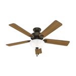 Abanico de techo interior Swanson Bowl 52 pulgadas 1 luces bronce Hunter, vista frontal con aspas de madera y globo blanco
