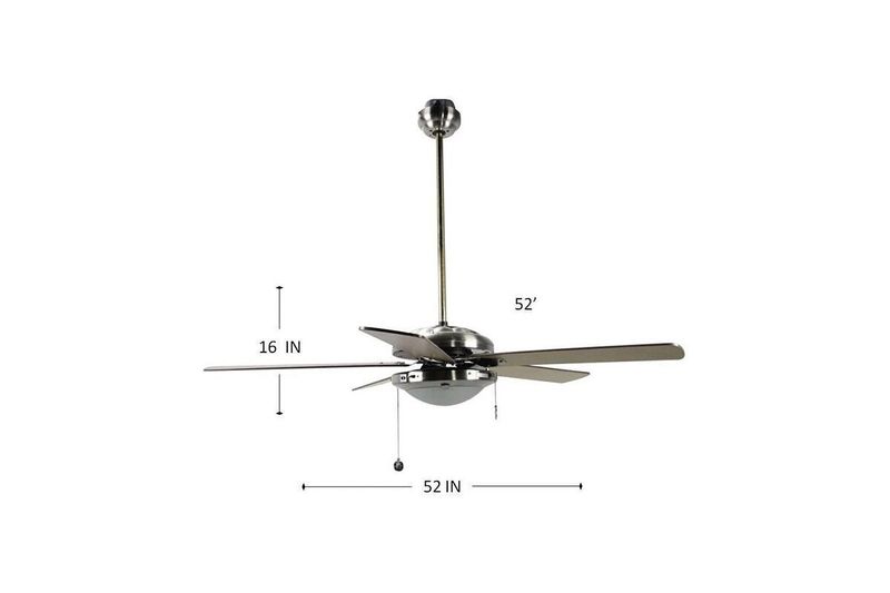 Ventilador de techo interior con luz moderno 52 pulgadas níquel satín 60 W Designers Lighting, gráfico con medidas