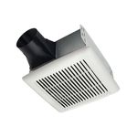 Extractor de aire techo baño 10 pulgadas 110 CFM E-Star Broan, vista diagonal con rejilla blanca y ducto negro