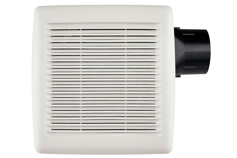 Extractor de aire techo baño 10 pulgadas 110 CFM E-Star Broan, vista frontal blanca con salida de aire negra lateral