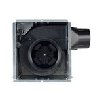 Extractor de aire techo baño 10 pulgadas 110 CFM E-Star Broan, vista cenital del ventilador negro y conducto de salida