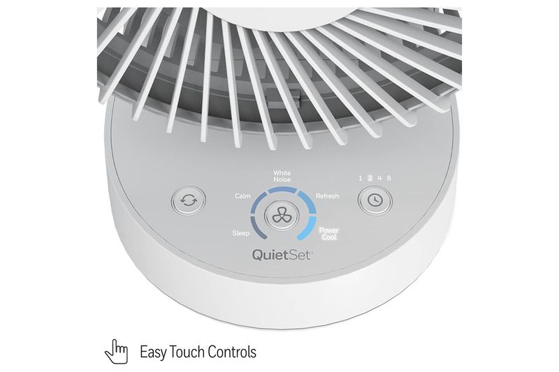 Abanico de mesa oscilante QuietSet 5 HTF337W Honeywell, detalle del panel de control táctil blanco con botones y modos