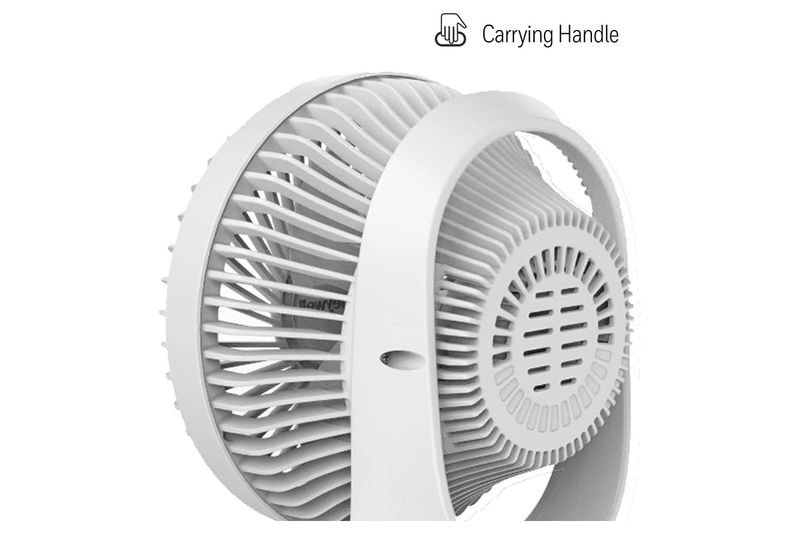 Abanico de mesa oscilante QuietSet 5 HTF337W Honeywell, detalle cercano de la rejilla blanca y asa de transporte