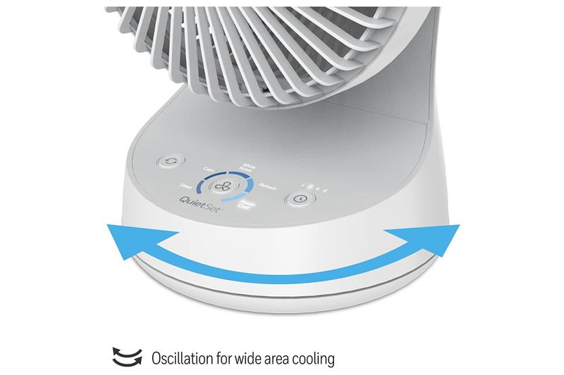 Abanico de mesa oscilante QuietSet 5 HTF337W Honeywell, detalle de los botones de control con flechas azules de oscilación