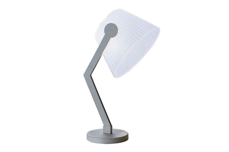 Lámpara de mesa LED 3D acrílico metal Westinghouse, vista lateral del brazo articulado y pantalla blanca