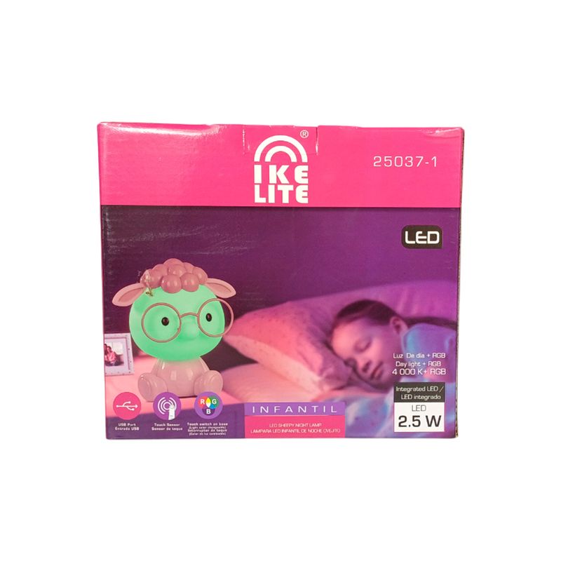 Luminaria mesa infantil osito 1 lúmen 2.5 W 5 V 4000 K RGB Ikelite, empaque frontal con ilustración de la lámpara y niño