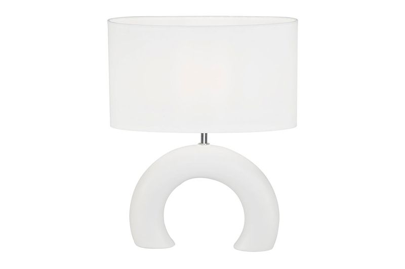 Lámpara de mesa 32x12x39 cm Concepts, vista frontal de base blanca en forma de arco y pantalla cilíndrica blanca