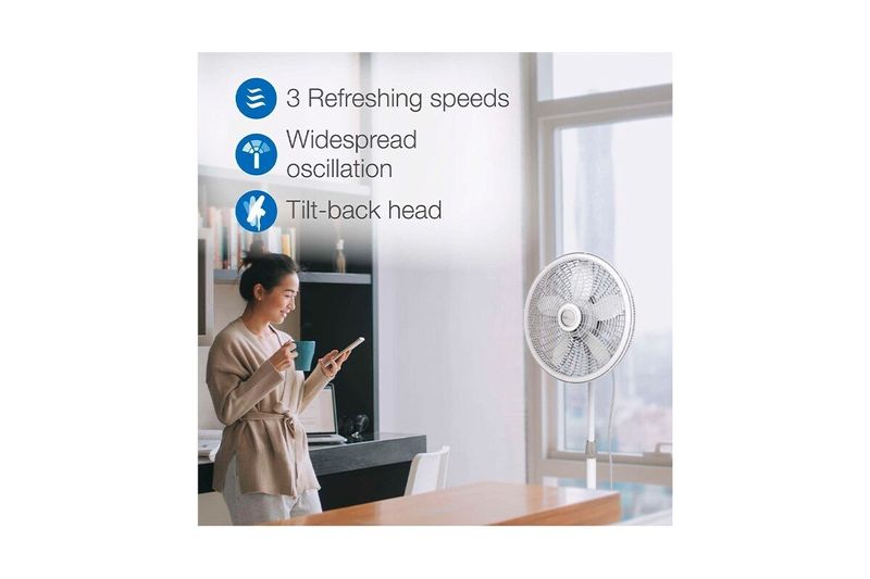 Abanico de pedestal 18 pulgadas 3 velocidades modelo M1820 blanco Lasko, en uso en oficina con iconos de sus funciones