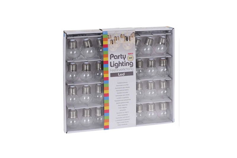 Cadena de luces con bombillo Carnaval ProGarden Koopman, empaque blanco con ventana transparente que muestra los bombillos