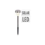 Estaca solar LED farol 8 cm acero inoxidable Koopman, vista frontal completa con etiquetas de texto solar y led