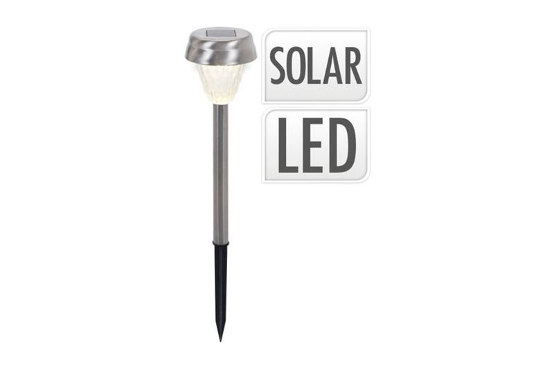 Estaca solar LED farol 8 cm acero inoxidable Koopman, vista frontal completa con etiquetas de texto solar y led