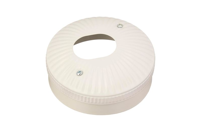 Soporte de techo en ángulo Hunter blanco, vista superior del accesorio circular con textura estriada y dos tornillos