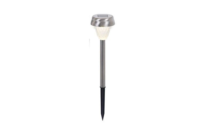 Estaca solar LED farol 8 cm acero inoxidable Koopman, vista frontal del farol con poste metálico y estaca negra