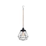 Luminaria solar LED colgante metálico negro ProGarden, lámpara geométrica con cuerda de yute y gancho para colgar