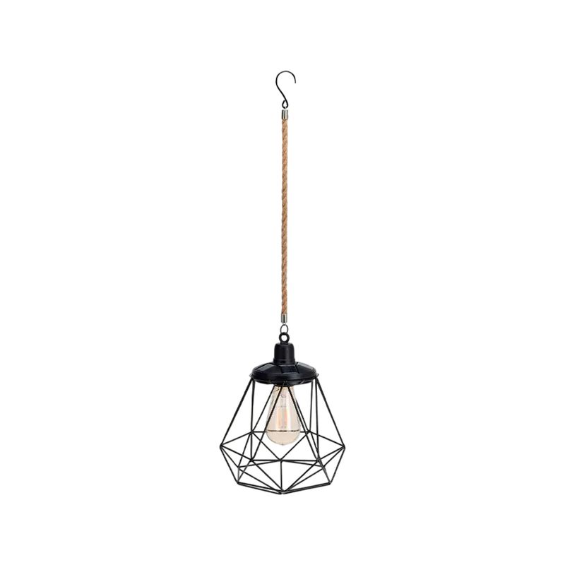 Luminaria solar LED colgante metálico negro ProGarden, lámpara geométrica con cuerda de yute y gancho para colgar