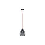 Lámpara colgante Piastre 1L E27 negro Eglo, vista frontal con cable rojo y pantalla de rejilla metálica
