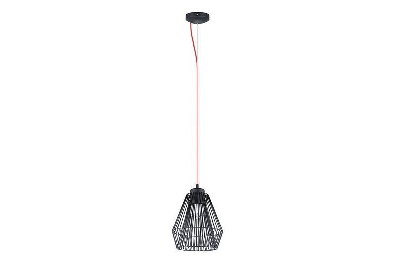 Lámpara colgante Piastre 1L E27 negro Eglo, vista frontal con cable rojo y pantalla de rejilla metálica