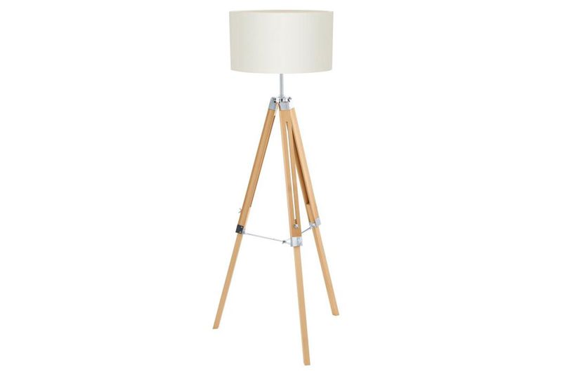 Lámpara de piso Lantada 1L E27 madera/beige Eglo, vista frontal con pantalla cilíndrica y trípode de madera
