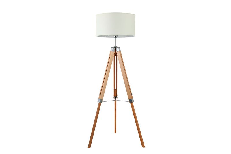 Lámpara de piso Lantada 1L E27 madera/beige Eglo, vista frontal completa con pantalla cilíndrica y soporte de trípode