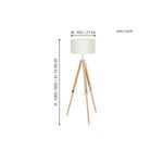 Lámpara de piso Lantada 1L E27 madera/beige Eglo, gráfico con medidas de altura y diámetro en milímetros y pulgadas