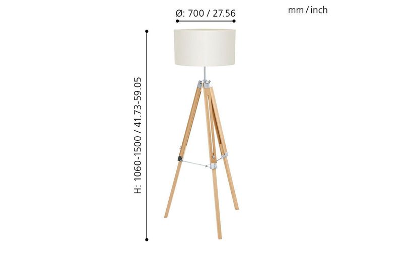 Lámpara de piso Lantada 1L E27 madera/beige Eglo, gráfico con medidas de altura y diámetro en milímetros y pulgadas