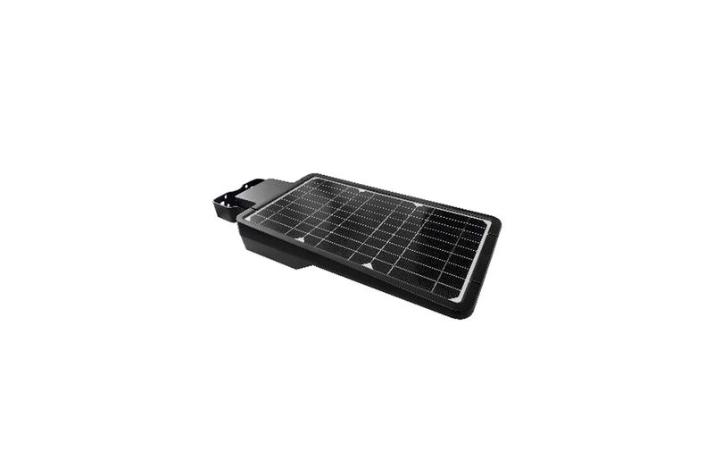 Luminaria de calle LED solar integrada S40 6000K in out Sylvania, vista superior del panel solar rectangular negro