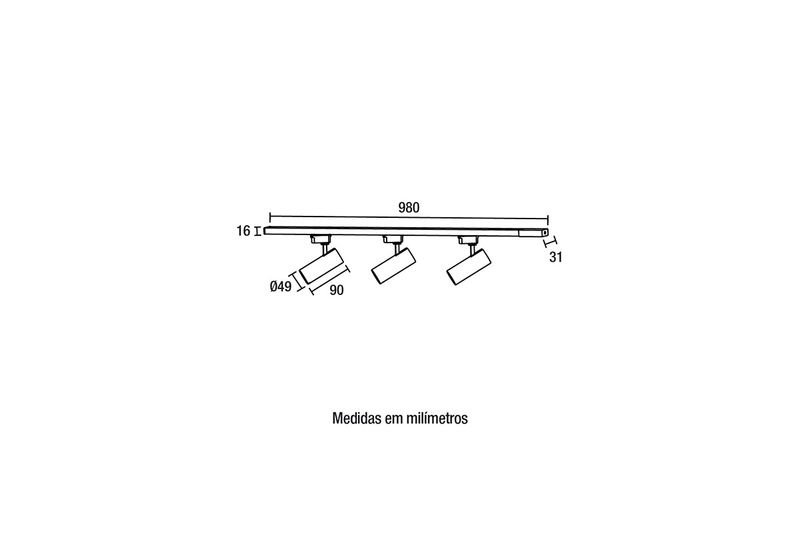 Kit de 3 spot LED con riel de sobreponer 30W 6500K negro Blumenau, gráfico técnico con medidas en milímetros
