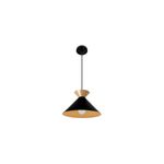 Luminaria colgante Guto 1L E27 dorado Blumenau, vista frontal de lámpara negra con interior dorado y cable negro