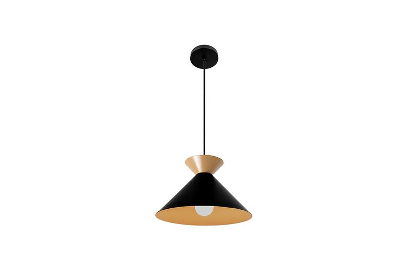 Luminaria colgante Guto 1L E27 dorado Blumenau, vista frontal de lámpara negra con interior dorado y cable negro