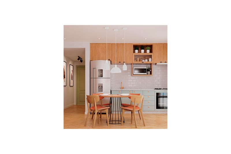 Luminaria colgante Bia 1L E27 blanco Blumenau, tres unidades instaladas sobre una mesa de comedor en una cocina