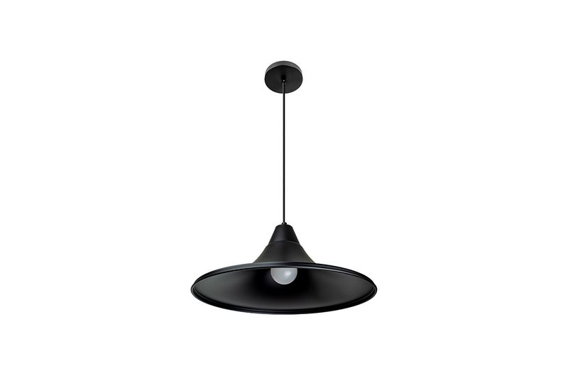 Luminaria colgante Teo aluminio 1L E27 negro Blumenau, vista frontal de la lámpara con pantalla cónica y bombillo blanco